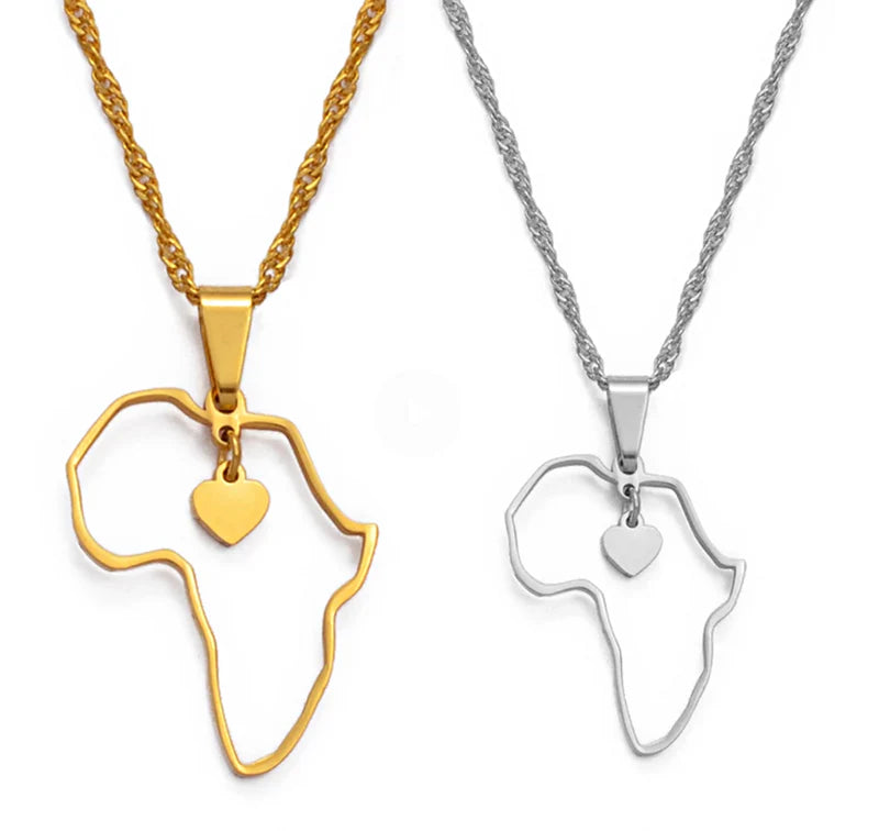 Africa Continent Outline/Heart Pendant Necklace
